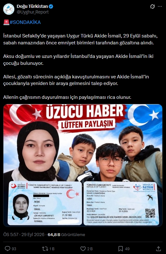 @Uyghur_Report’un 29 Eylül 2026 tarihli X paylaşımı, Akide İsmail’in İstanbul Sefaköy’de sabah namazından önce emniyet b