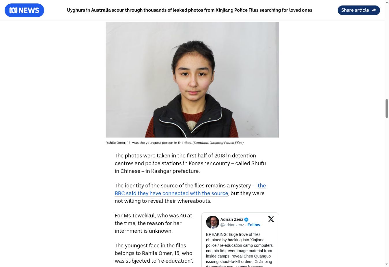 ABC News’in 25 Mayıs 2022 tarihli haberinden ekran görüntüsü. Rahile Ömer’in fotoğrafı ve Xinjiang Police Files içindeki