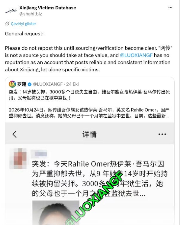 Xinjiang Victims Database’in (@shahitbiz) 25 Ekim 2026 tarihli gönderisi. Hesap, kaynak ve doğrulama netleşmeden ölüm id
