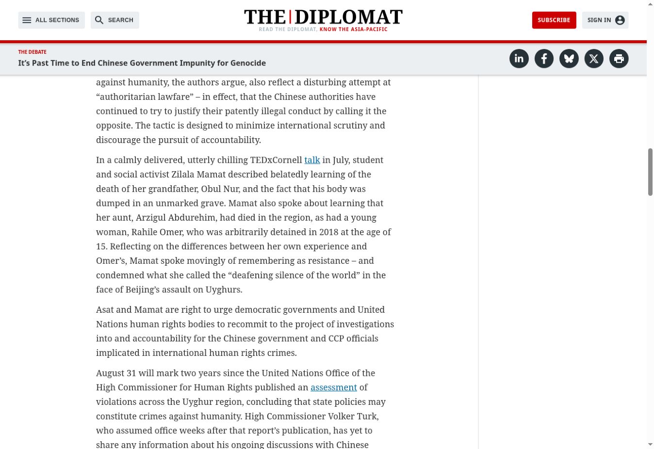 Sophie Richardson’ın The Diplomat’ta 16 Ağustos 2024’te yayımlanan yazısından kesit. Yazı, Zilala Mamat’ın konuşmasını a