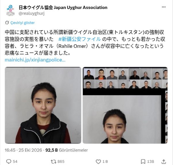Açıklama: Japonya Uygur Derneği’nin 25 Ekim 2026 tarihli gönderisi. Dernek, Rahile Ömer’in gözaltında öldüğüne ilişkin h